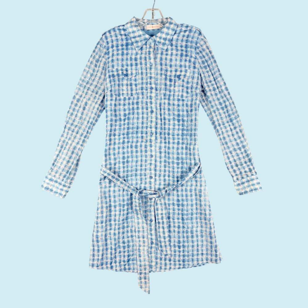Tory Burch Shirt Dress Size 12 Blue Watercolor Button Belted Cotton Long Sleeve